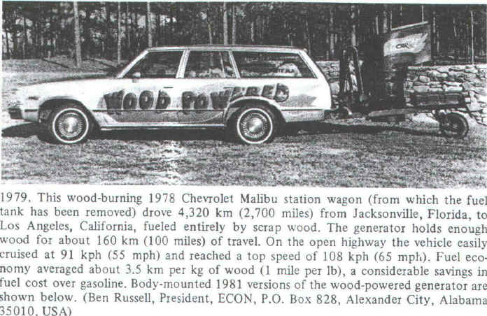This wood-burning 1978 Chevrolet Malibu station wagon drove 2700 miles from Jacksonville, FL to Los Angeles CA, fuel entirely by scrap wood.