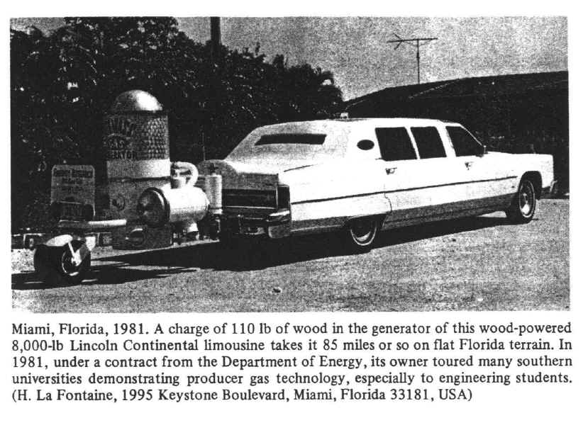 Miami, FL, 1981. A charge of 110 lb of wood in the generator of this wood-powered 8,000-lb Lincoln Continental limousine takes it 85 miles or so on flat Florida terrain.